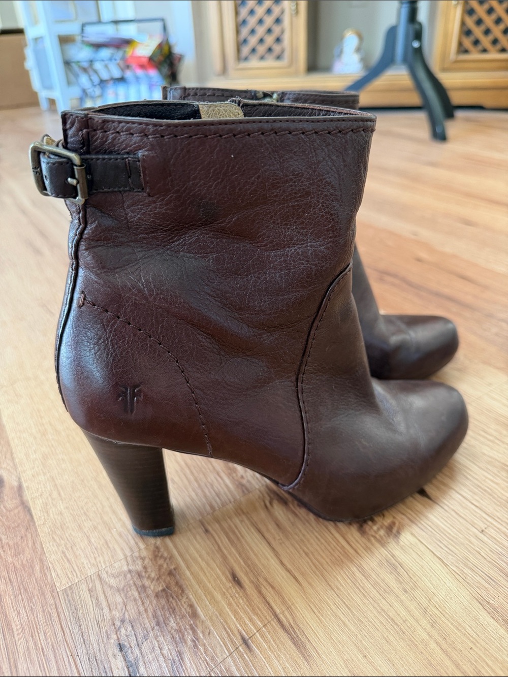 Frye Dark Brown Leather Ankle Booties with Buckle, size 7.5
